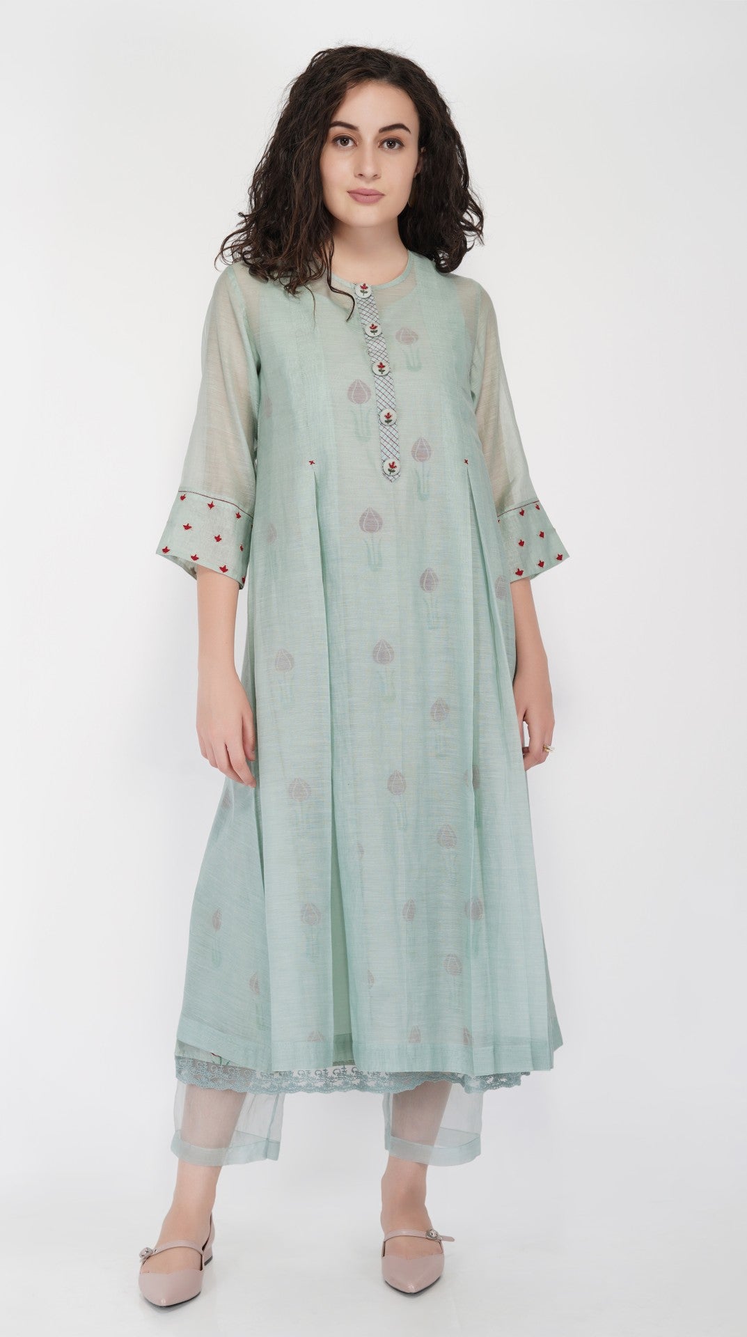 SAAWAN SAGE GREEN BOX PLEAT WITH BUTTON EMBROIDERY DRESS