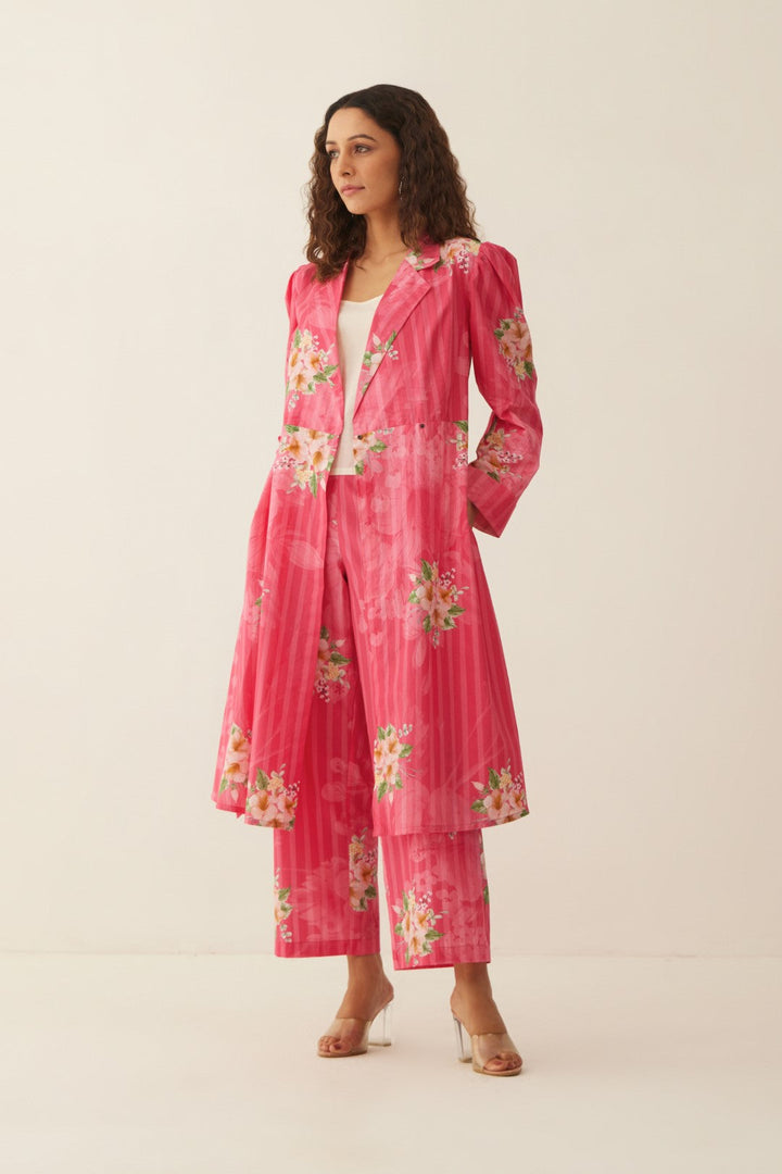 PINK COTTON FLORAL STRIPE LONG JACKET CO-ORD SET