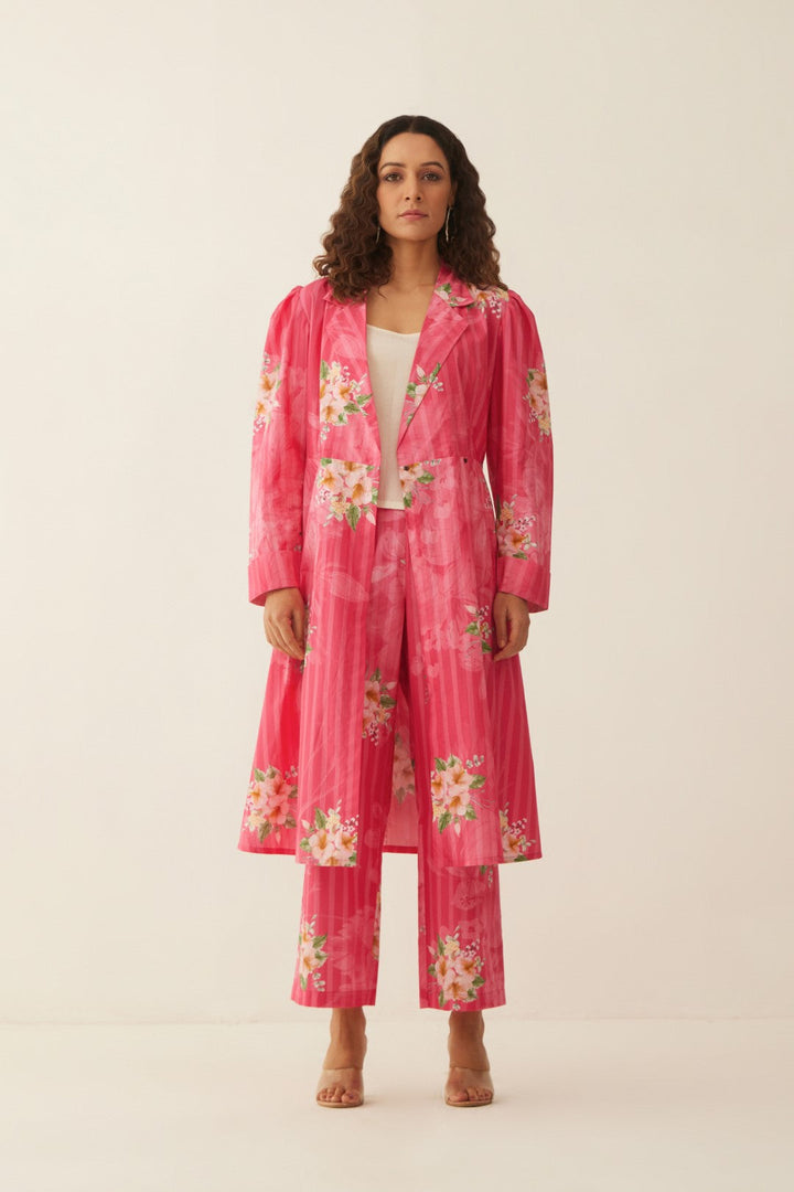 PINK COTTON FLORAL STRIPE LONG JACKET CO-ORD SET