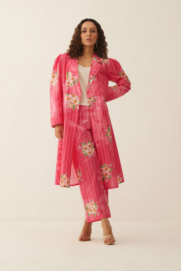 PINK COTTON FLORAL STRIPE LONG JACKET CO-ORD SET