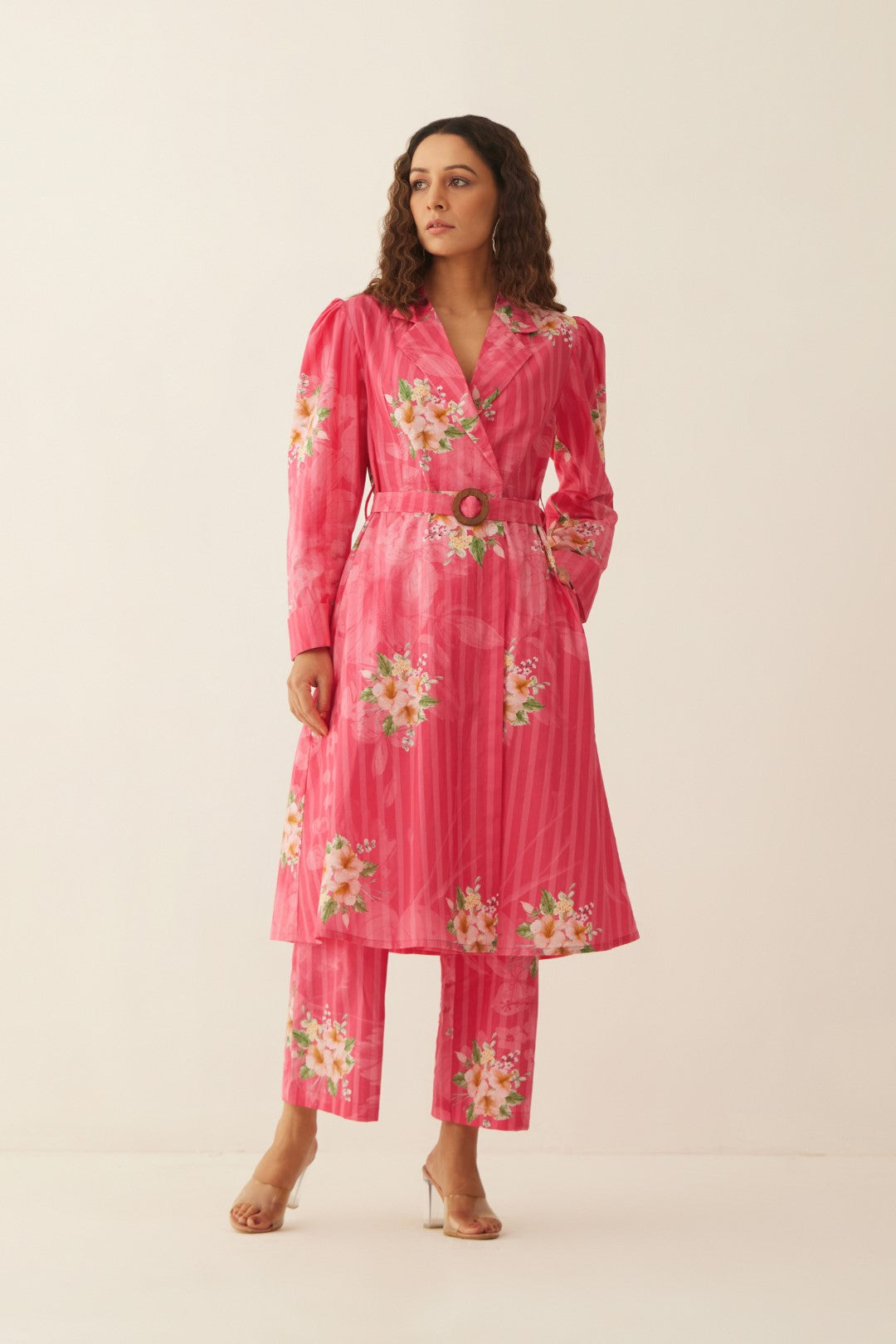 PINK COTTON FLORAL STRIPE LONG JACKET CO-ORD SET