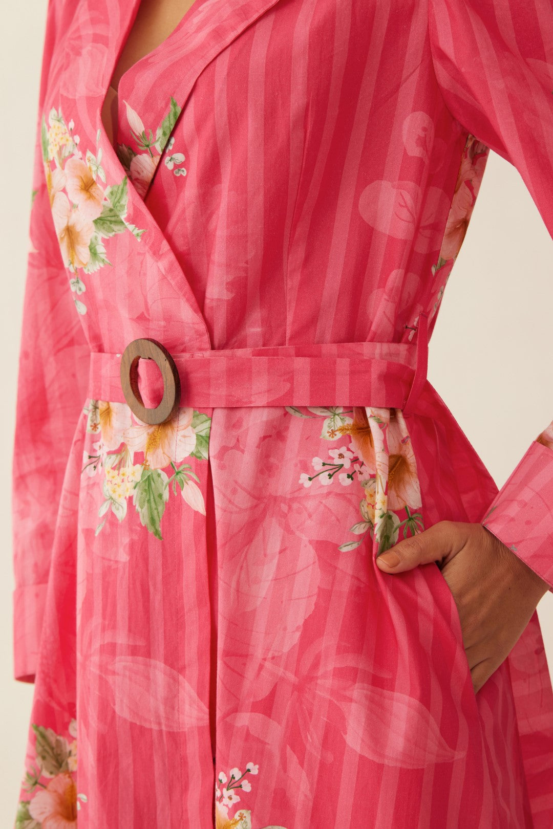 PINK COTTON FLORAL STRIPE LONG JACKET CO-ORD SET