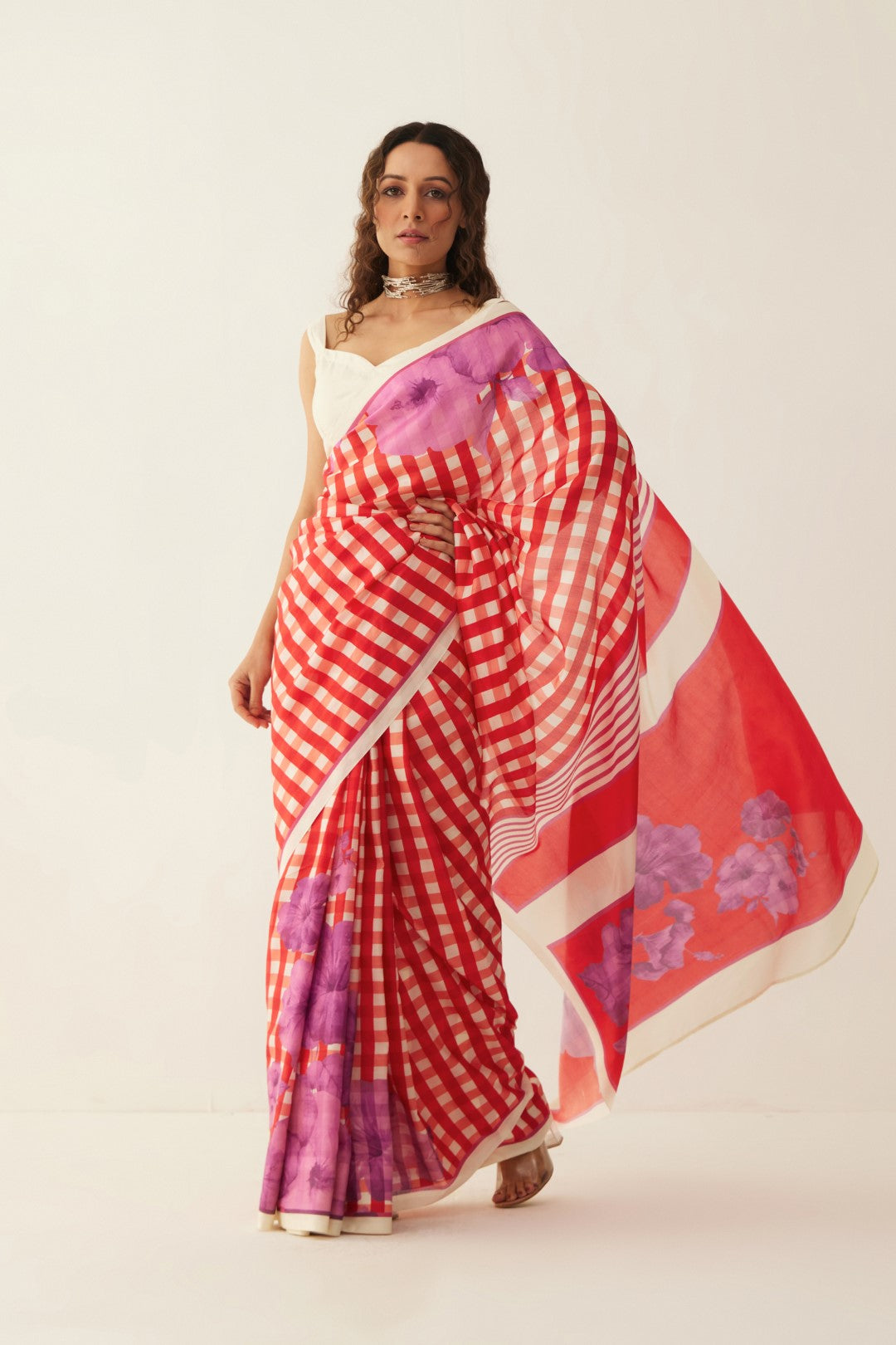 RED AND OFF WHITE GINGHAM CHECKS FLORAL MIX SILK SAREE