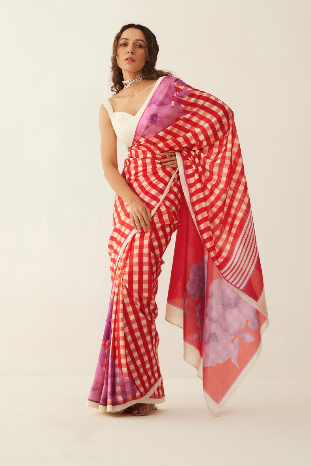 RED AND OFF WHITE GINGHAM CHECKS FLORAL MIX SILK SAREE