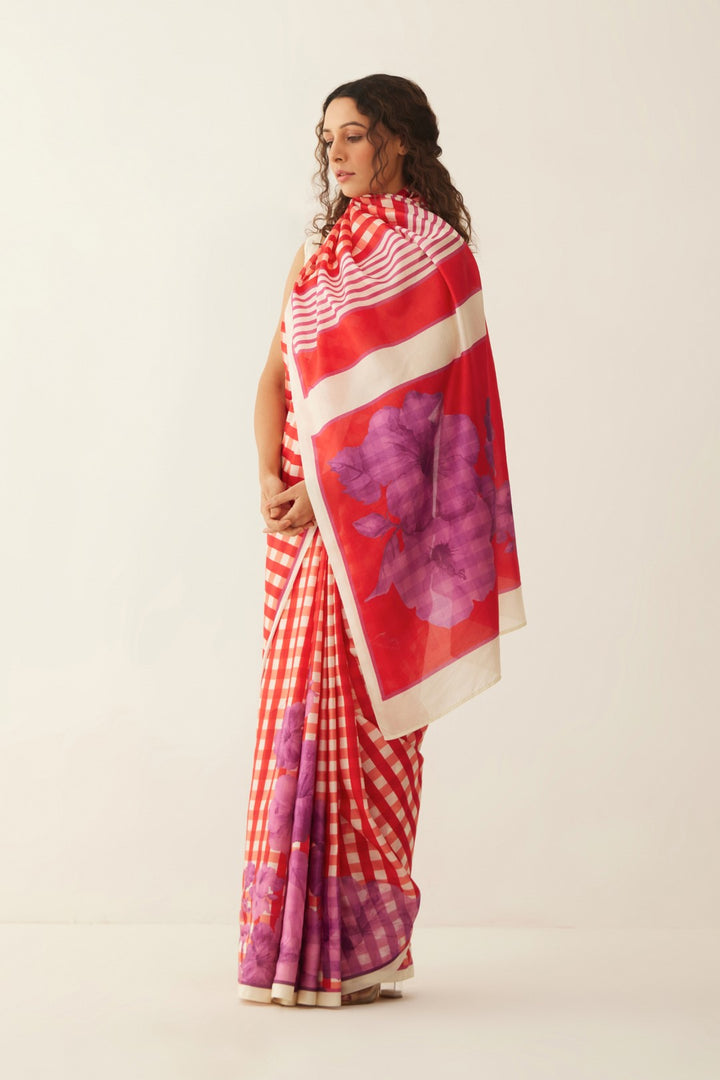 RED AND OFF WHITE GINGHAM CHECKS FLORAL MIX SILK SAREE