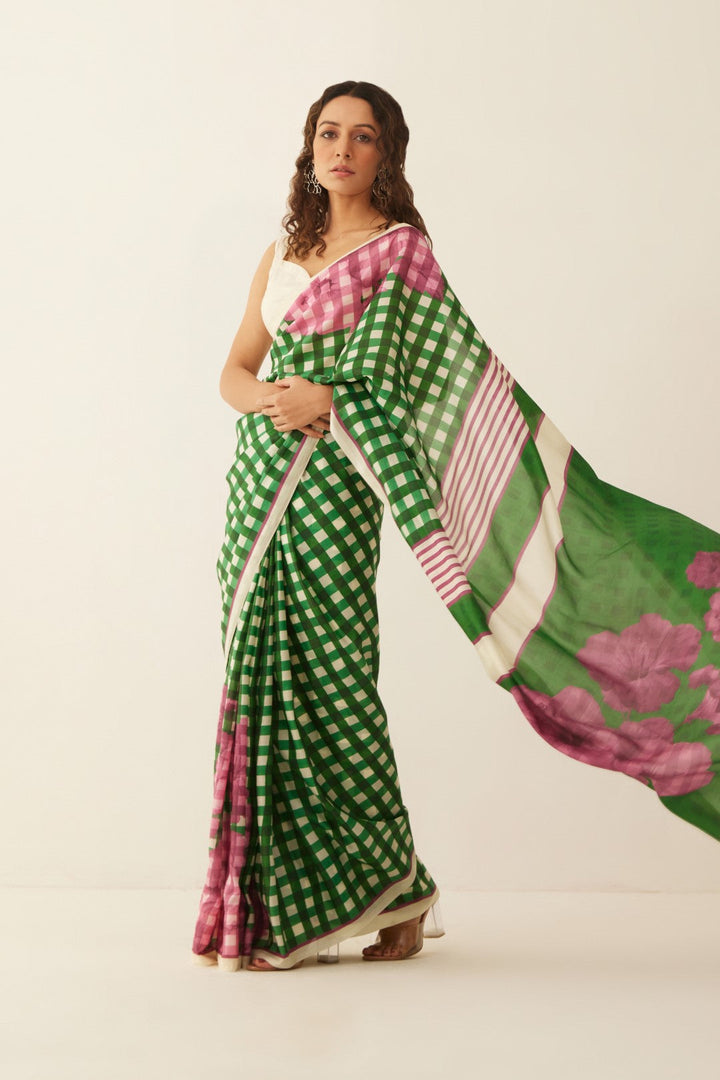 GREEN AND OFFWHITE GINGHAM CHECKS FLORAL MIX SILK SAREE WITH BLOUSE