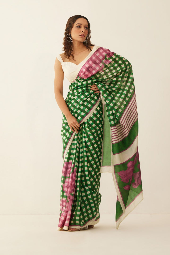 GREEN AND OFFWHITE GINGHAM CHECKS FLORAL MIX SILK SAREE WITH BLOUSE