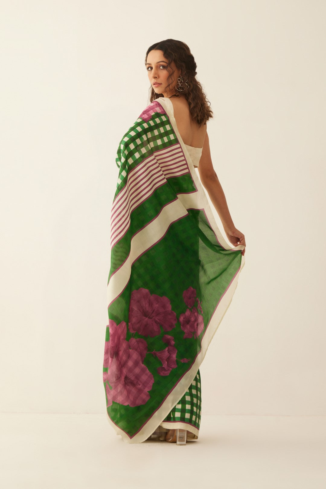 GREEN AND OFF WHITE GINGHAM CHECKS FLORAL MIX SILK SAREE