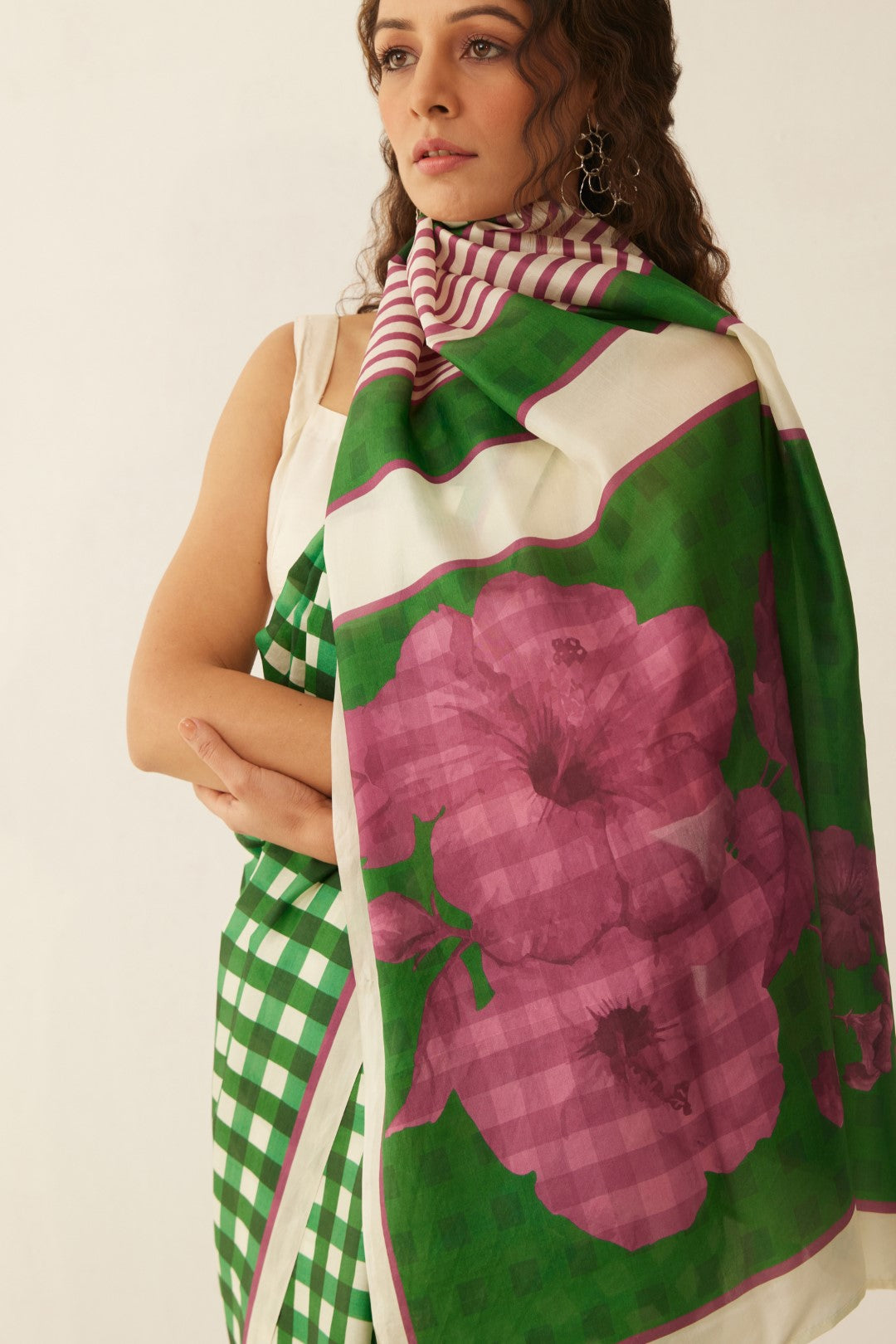 GREEN AND OFFWHITE GINGHAM CHECKS FLORAL MIX SILK SAREE WITH BLOUSE