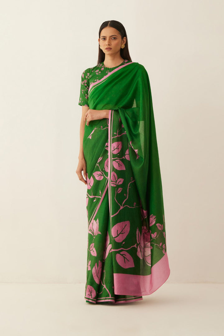 GREEN AND PINK MAGNOLIA FLORAL PRINT SAREE WITH FLORAL SILK BLOUSE