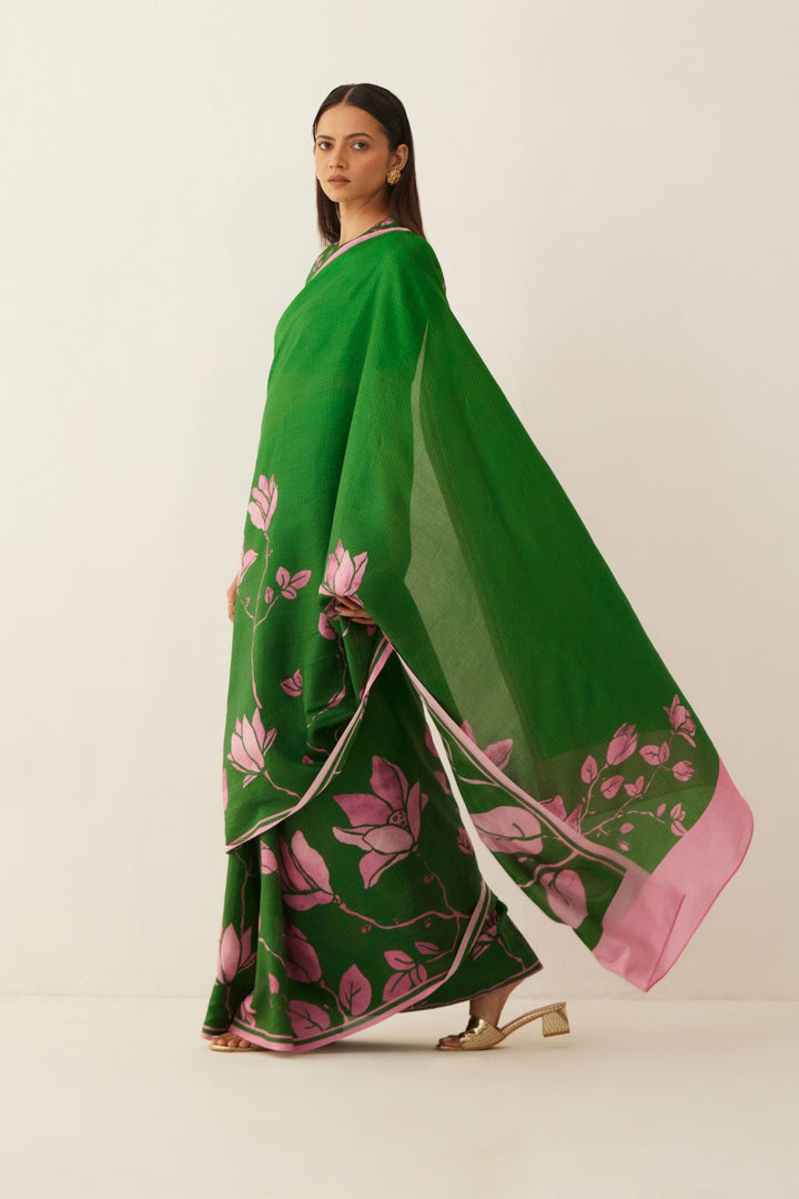 GREEN AND PINK MAGNOLIA FLORAL PRINT SAREE