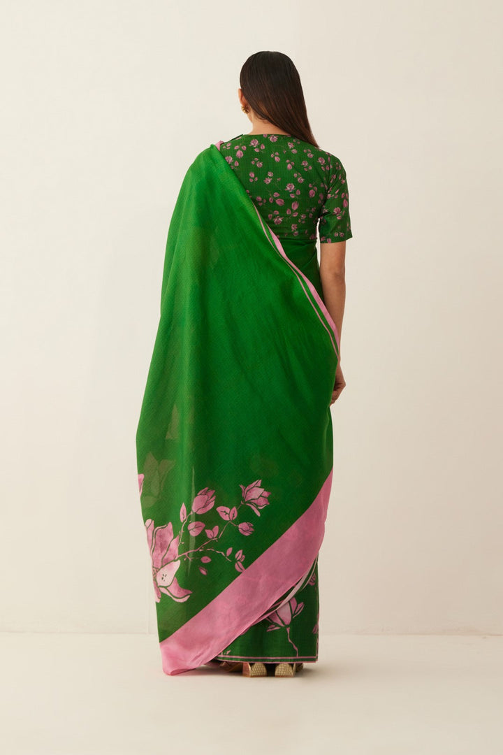 GREEN AND PINK MAGNOLIA FLORAL PRINT SAREE