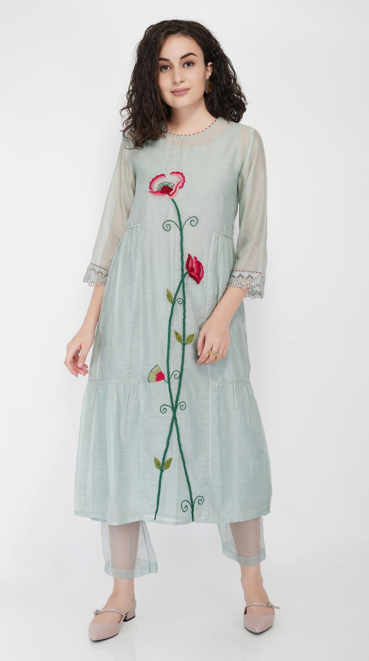 SAAWAN FLOWER TIER DRESS WITH KHADI ORGANZA PANTS