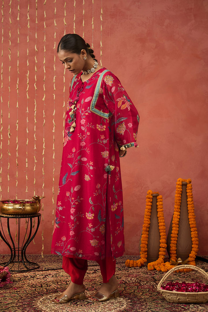 KARUNA-RED CHINTZ  CHANDERI LONG KURTA