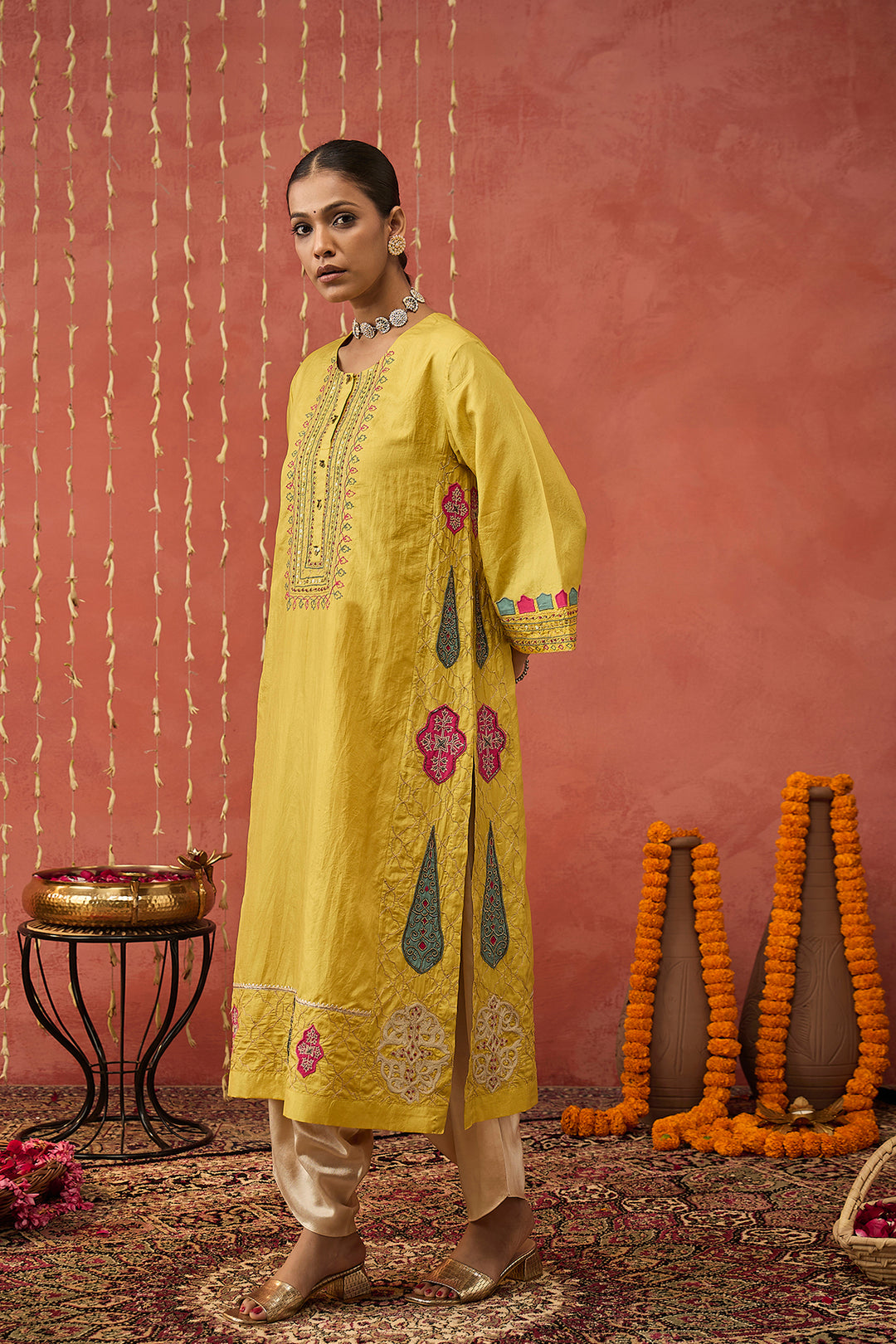 PRAGAYA-YELLOW EMBROIDERED SILK KALI KURTA SET