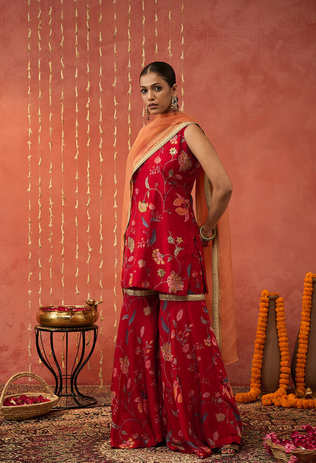 DIYA-RED CHINTZ EMBROIDERED SHORT KURTA