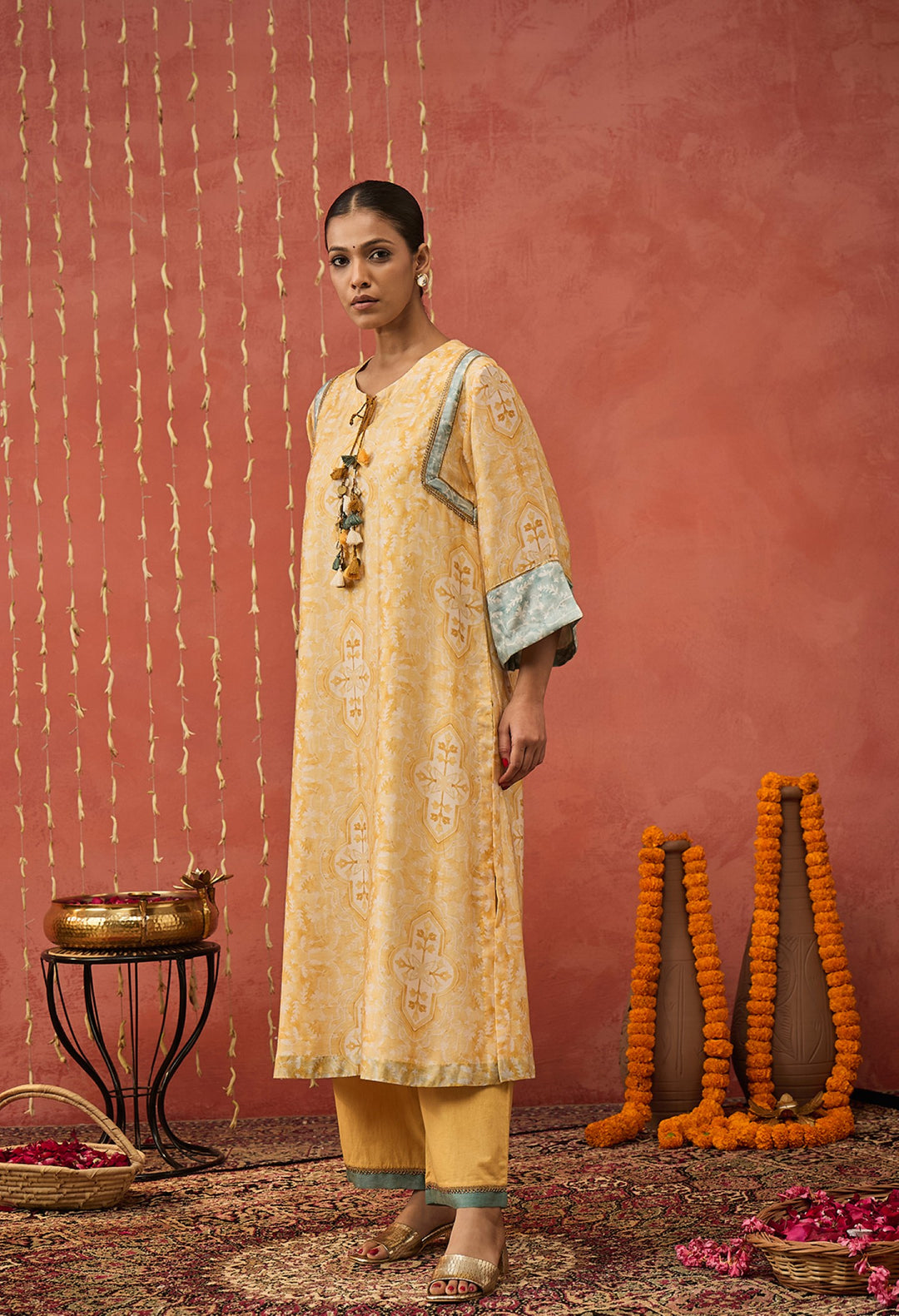 MANJARI-MUSTARD MUGHAL JAAL LONG KURTA SET