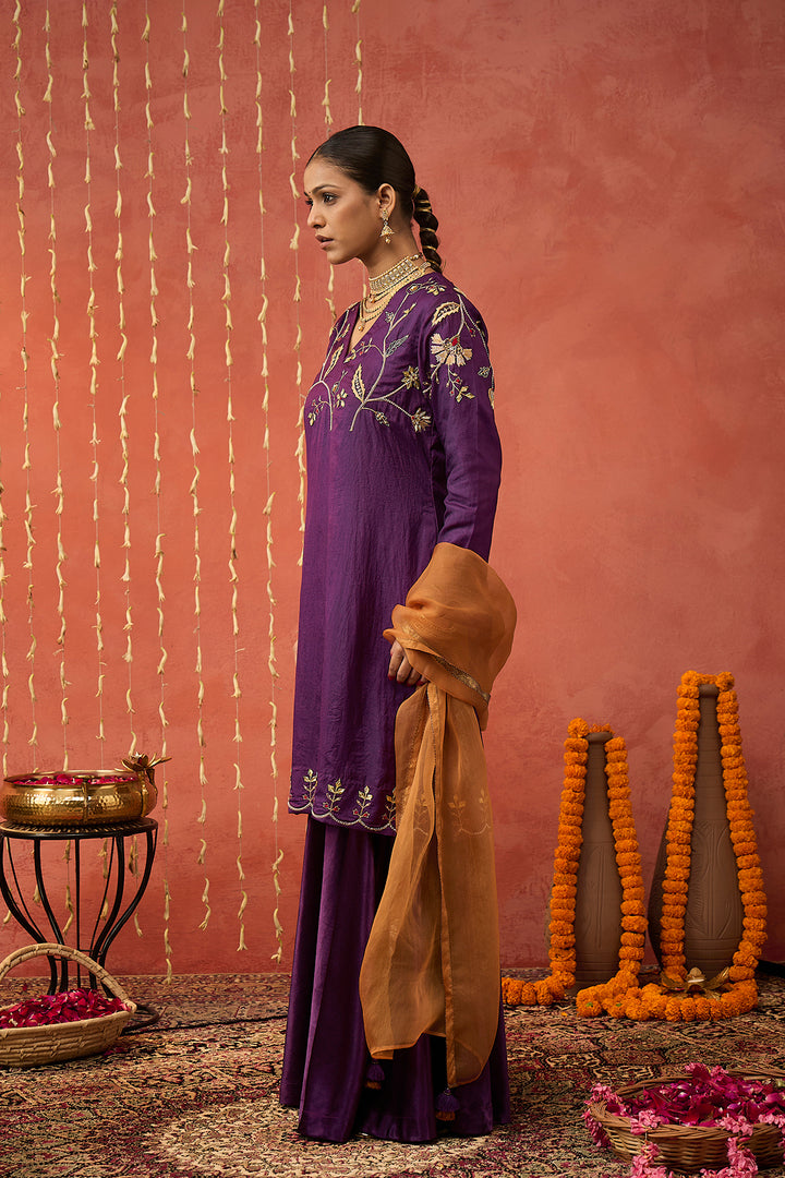 SANGEET-PURPLE  SILK EMBROIDERED SHORT KURTA SET