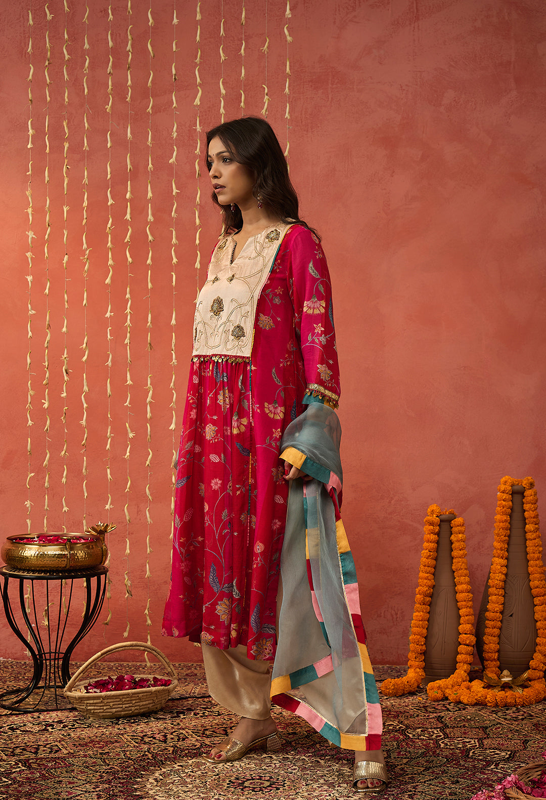 SHREE-RED CHINTZ CHANDERI EMBROIDERED KURTA