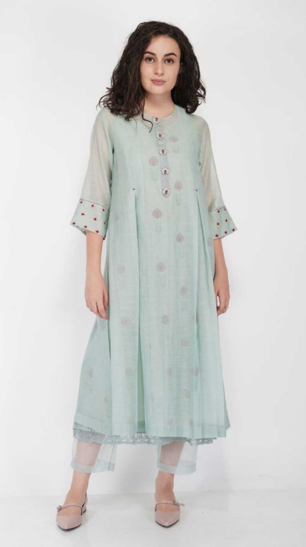 SAAWAN SAGE GREEN BOX PLEAT WITH BUTTON EMBROIDERY DRESS WITH COTTON ORGANZA SHEER PANTS