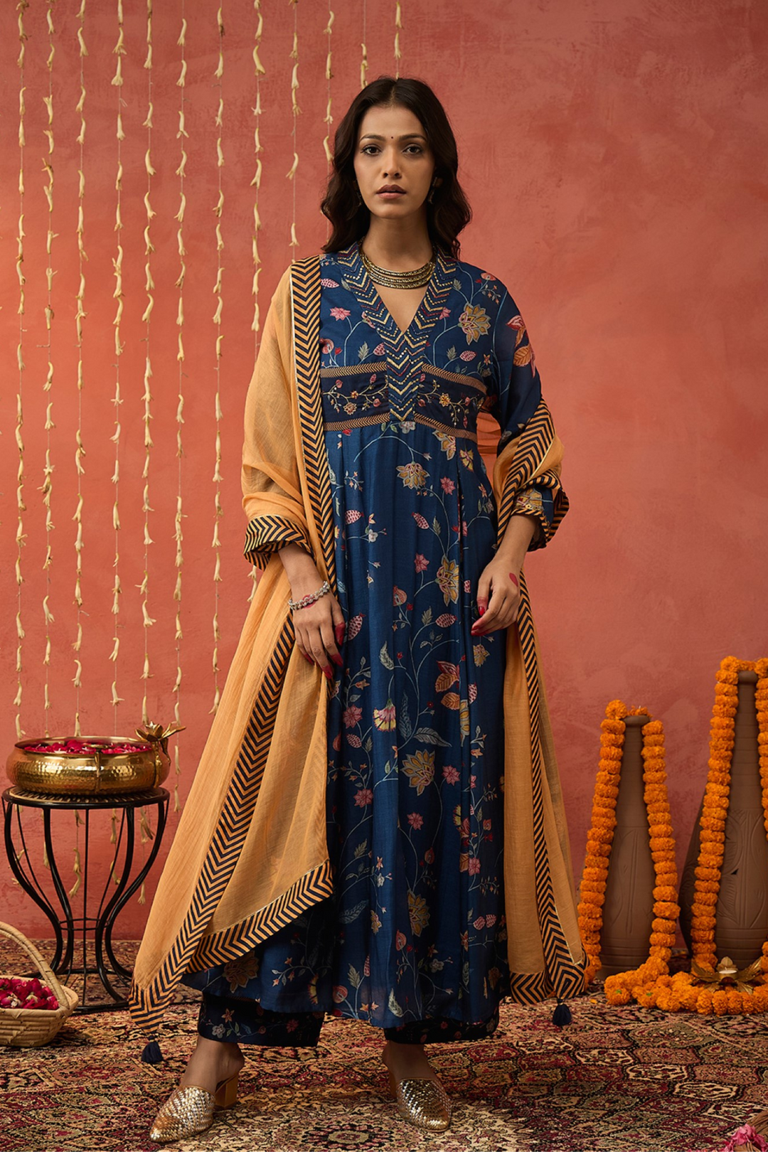 BELA-BLUE CHINTZ EMBROIDERED ANARKALI SET