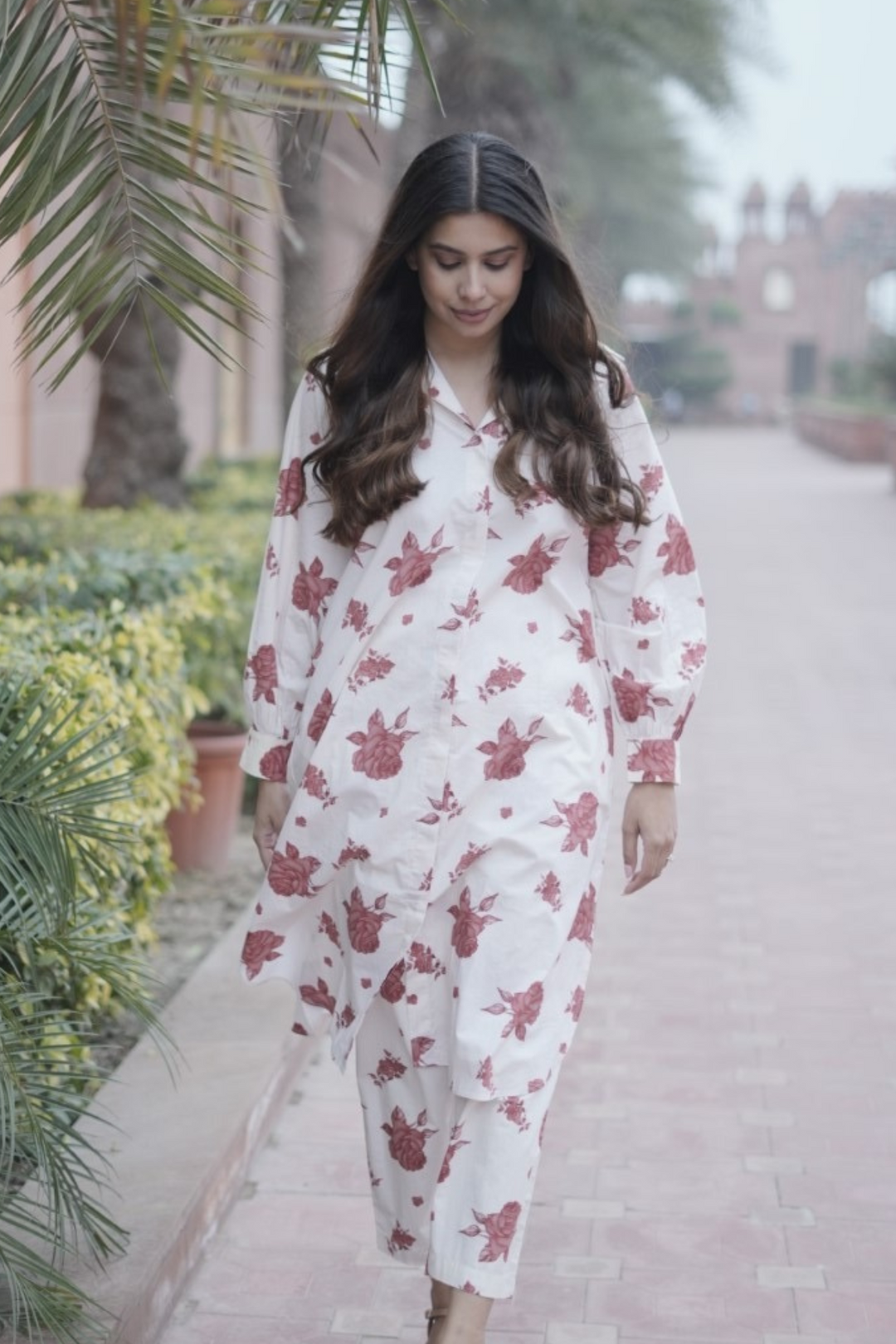 RED BLOSSOM COTTON LONG SHIRT CO-ORD SET