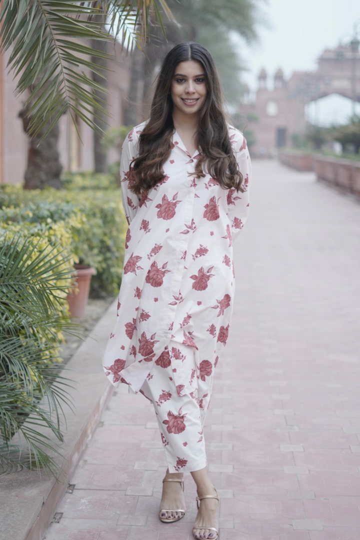 RED BLOSSOM COTTON LONG SHIRT CO-ORD SET