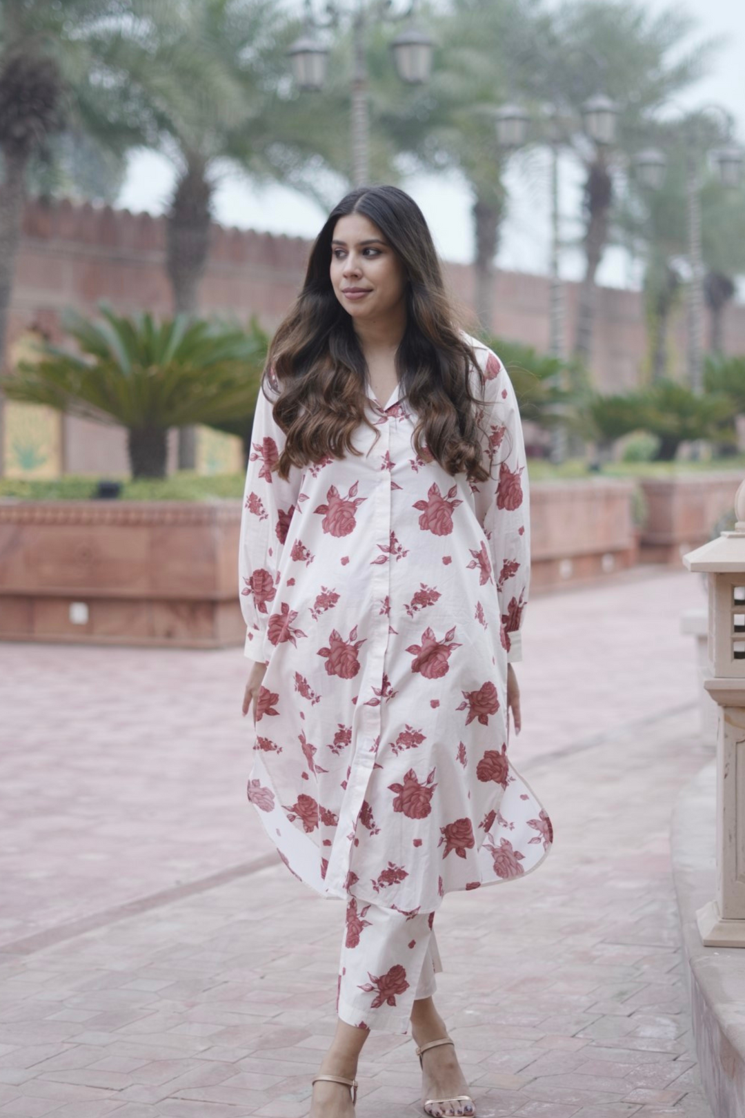 RED BLOSSOM COTTON LONG SHIRT CO-ORD SET