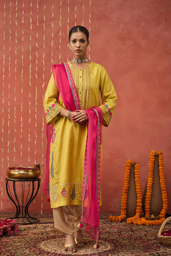 PRAGAYA-YELLOW EMBROIDERED SILK KALI KURTA SET