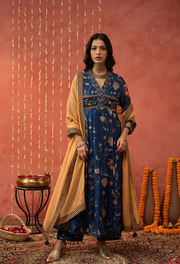 BELA-BLUE CHINTZ EMBROIDERED ANARKALI