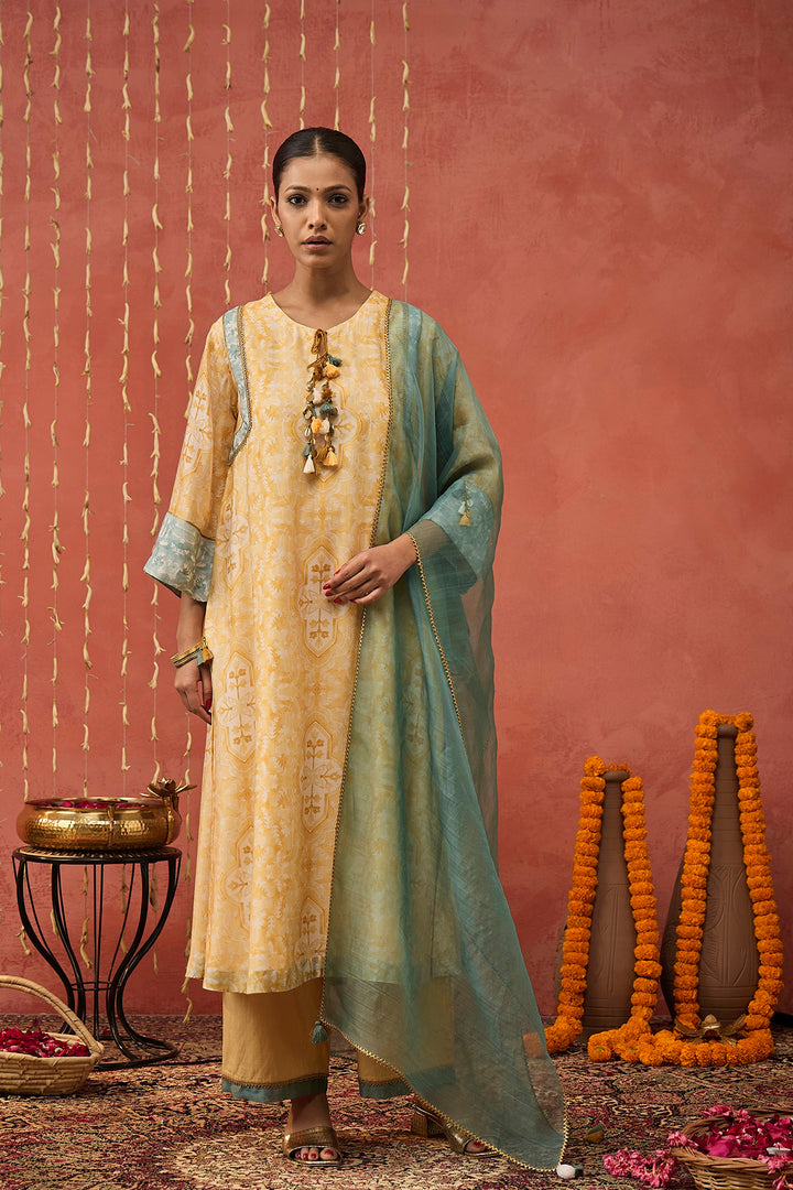 MANJARI-MUSTARD MUGHAL JAAL LONG KURTA SET