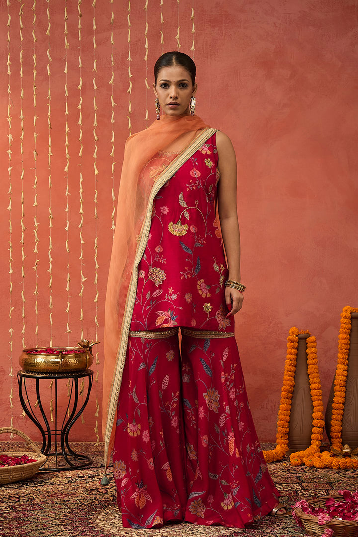 DIYA- RED CHINTZ EMBROIDERED BORDER SHARARA