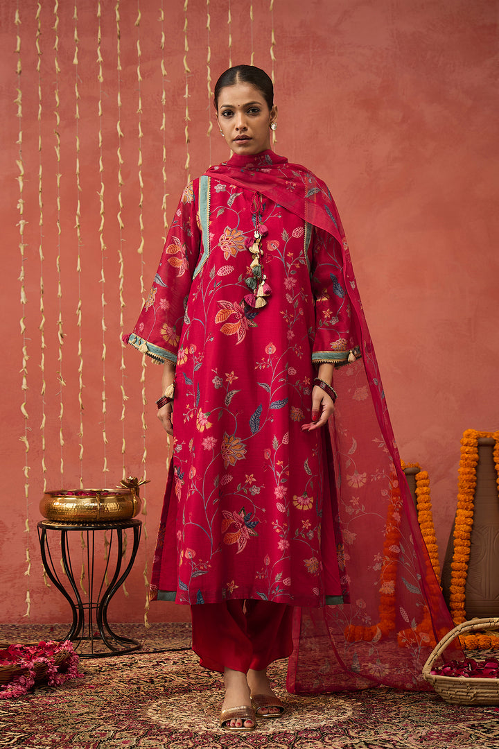 KARUNA-RED CHINTZ  CHANDERI LONG KURTA