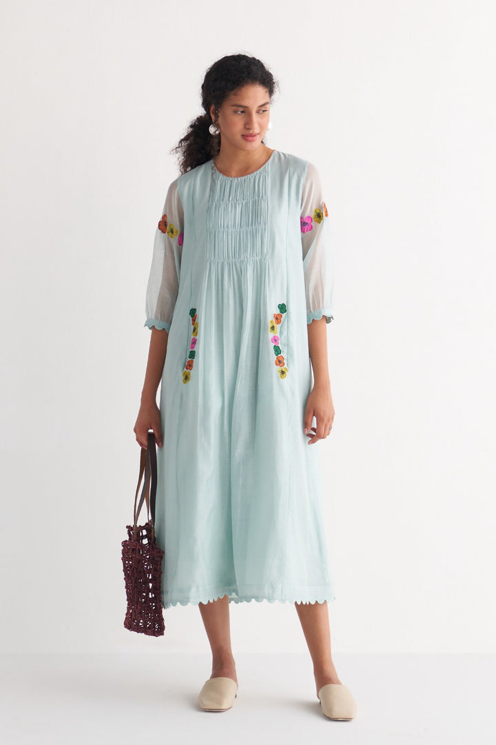 Blue Sea Breeze Applique Gathered Dress