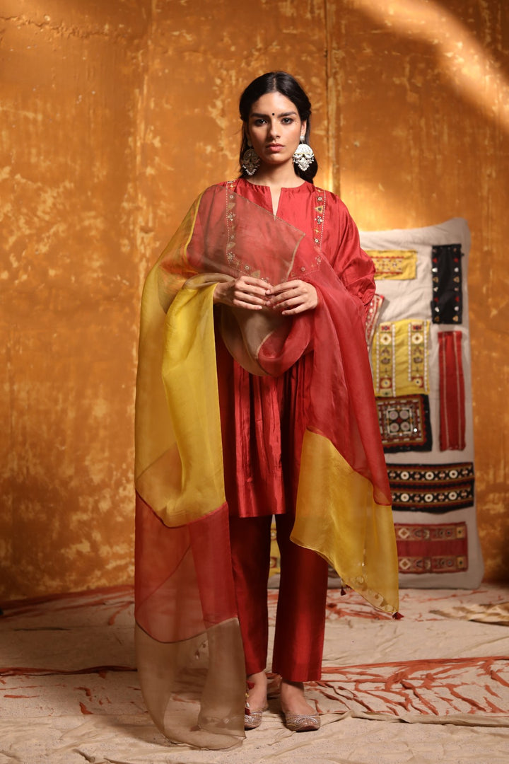 Silk Cape with Studded tribal Motifs with Silk Pants With Dupatta