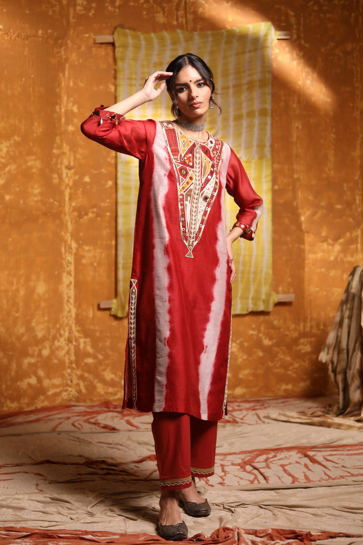 Maroon V-Neck Abstract Work Kurta With Pants & Dupatta