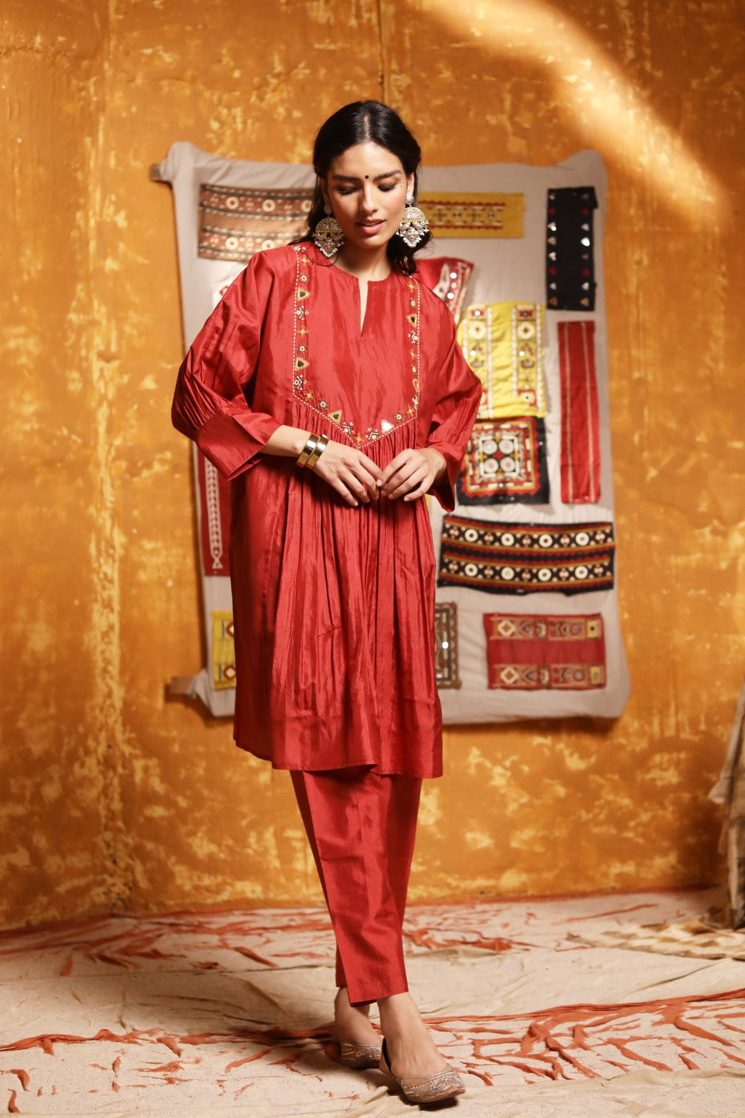 Silk Cape with Studded tribal Motifs with Silk Pants With Dupatta