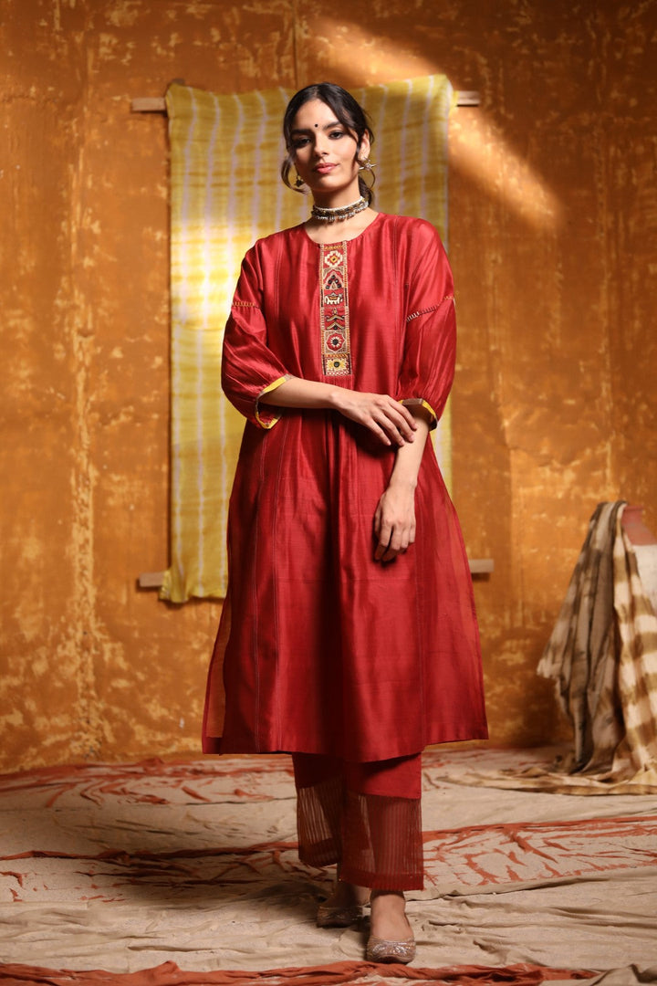 Maroon Tribal Placket Kali Kurta With Pants & Dupatta