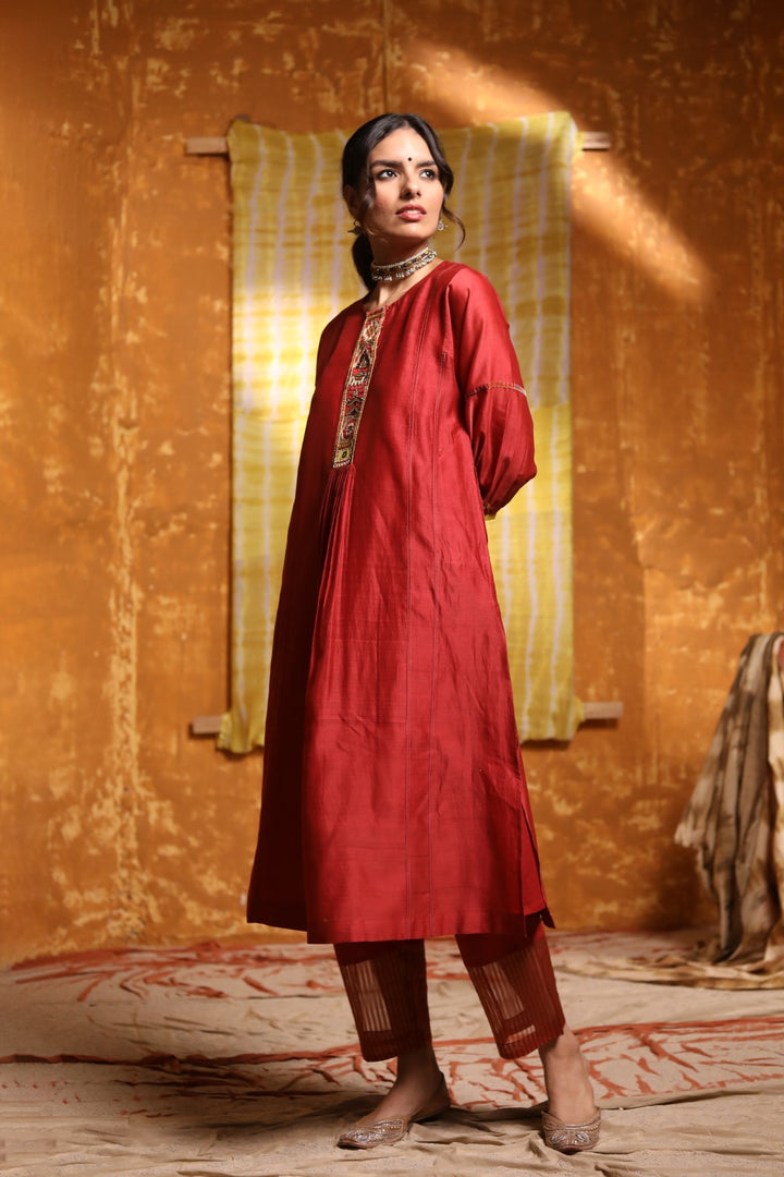 Maroon Tribal Placket Kali Kurta With Pants & Dupatta