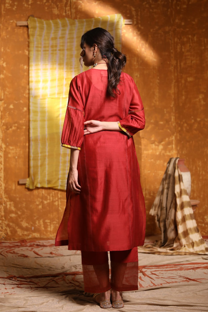 Maroon Cotton Pants With Striped Chanderi