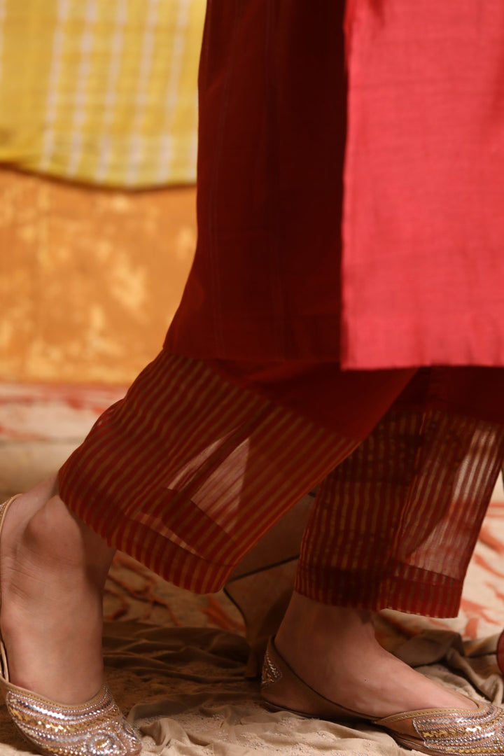 Maroon Cotton Pants With Striped Chanderi