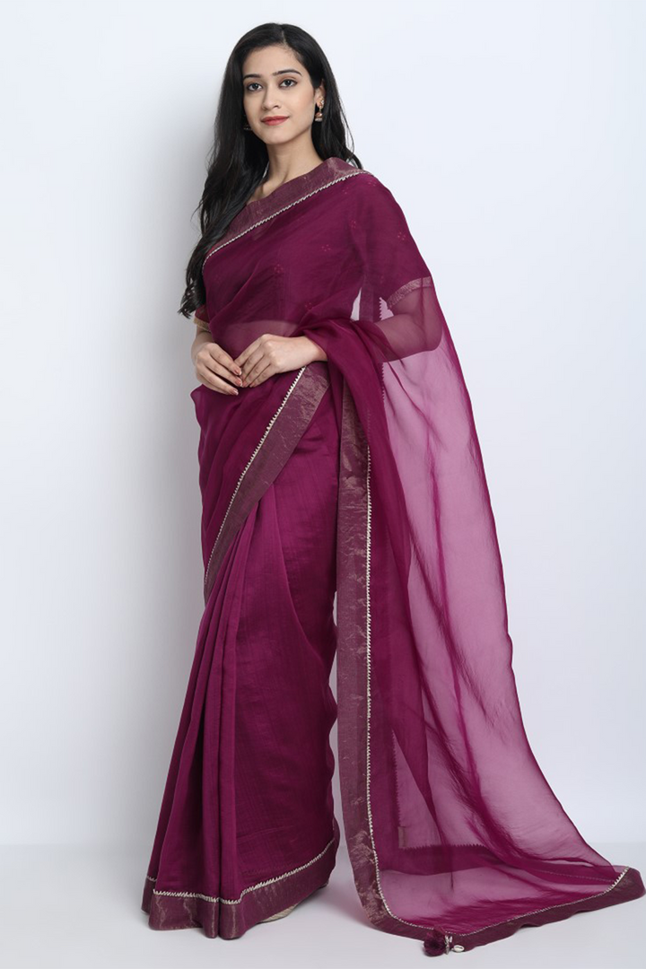 WINE CHANDERI WITH GOTA DETAILING JAIMINI SAREE WITH WINE CHANDERI BANDHANI BLOUSE