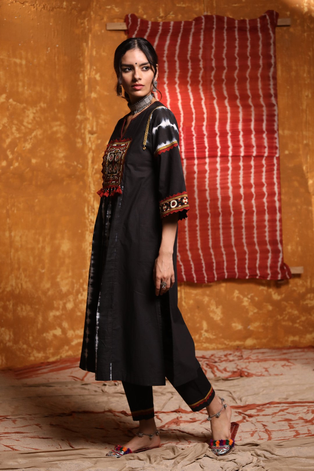 Black and White Tie Dye Patch Kurta with Pant