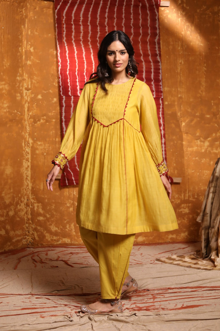 Mustard Smocking Gather Cuff Embroidery Kurta & Pant with Dupatta