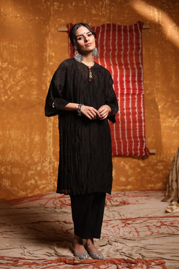 Black Crinkle Kimono With Pants