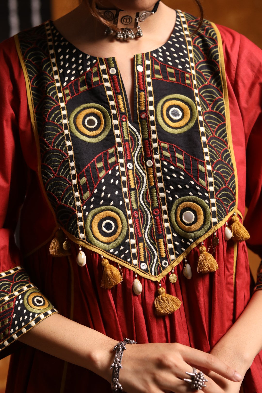 Maroon Tribal Embroidery Cape With Salwar