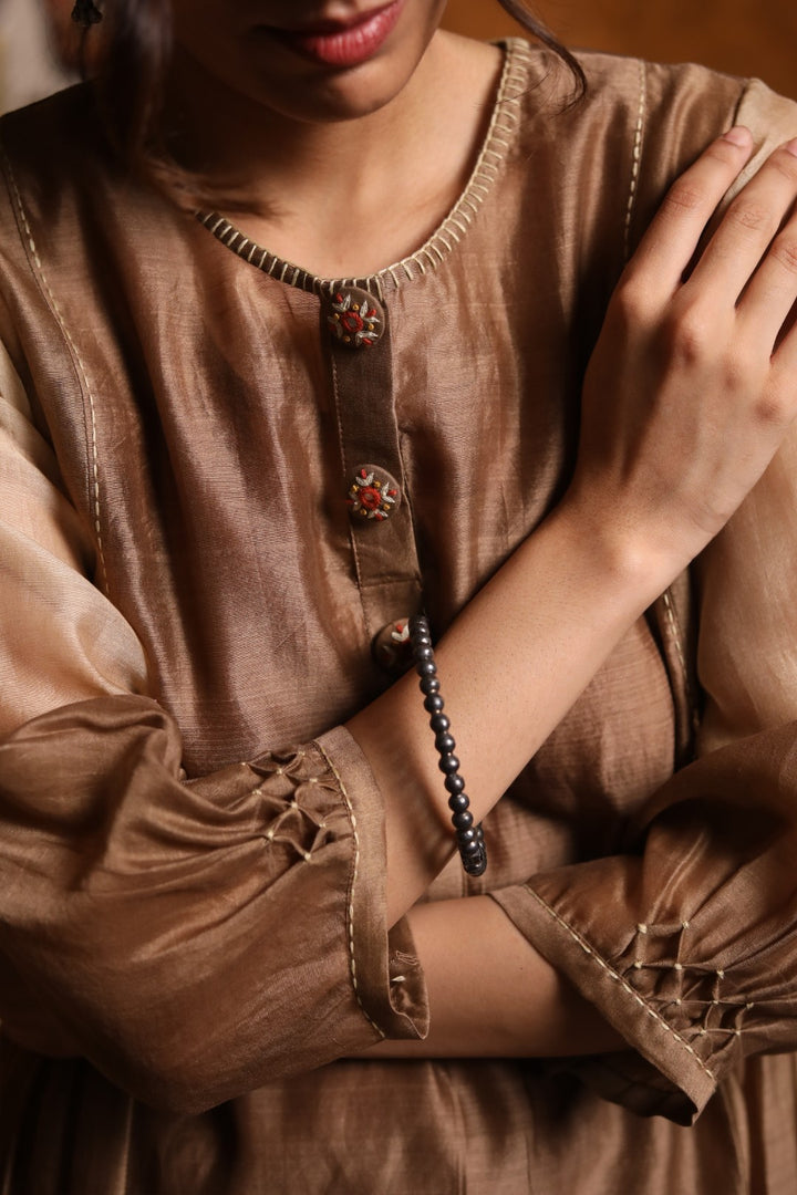 Brown Ombre Button Embroidery Kurta With Pants & Dupatta