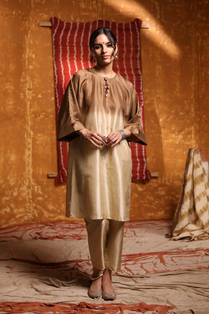 Beige Silk Straight Pants