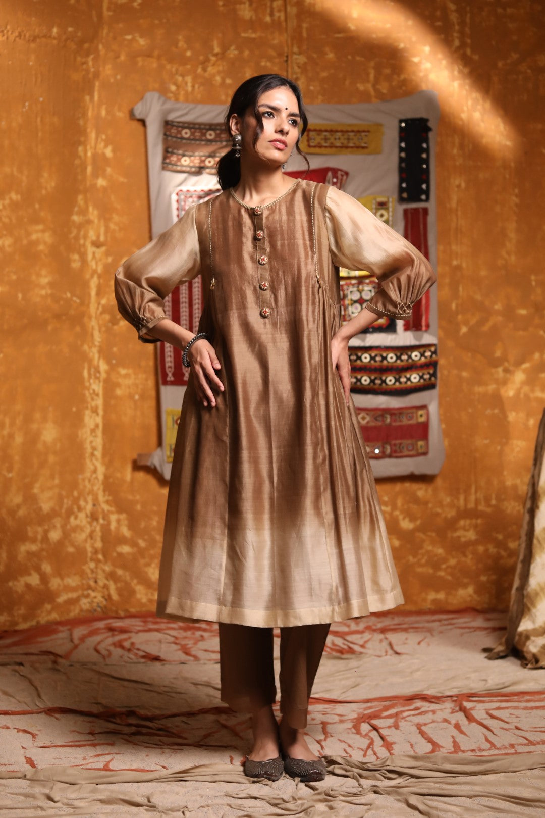 Brown Ombre Button Embroidery Kurta With Pants & Dupatta