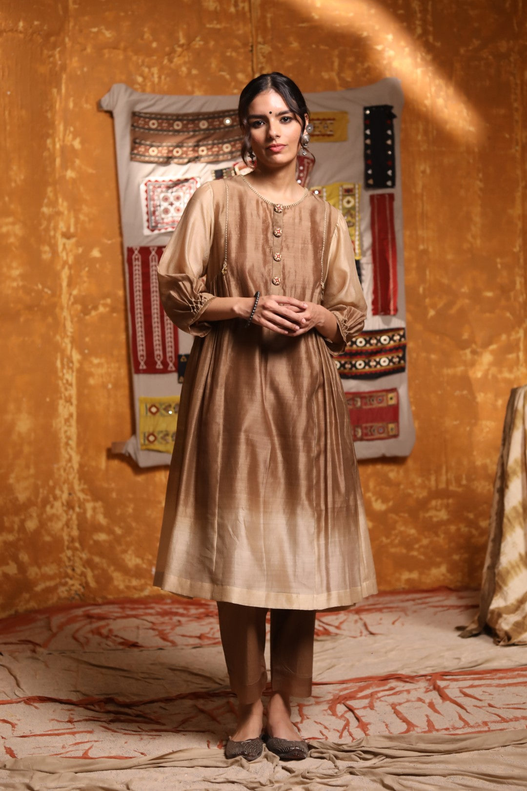 Brown Cotton Pants With Organza